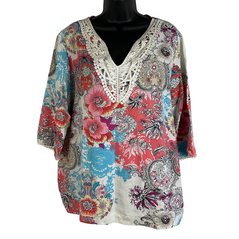 Grace Elements Women's XL Floral Linen Blend V-Neck Crochet Trim 3/4 Sleeve Top